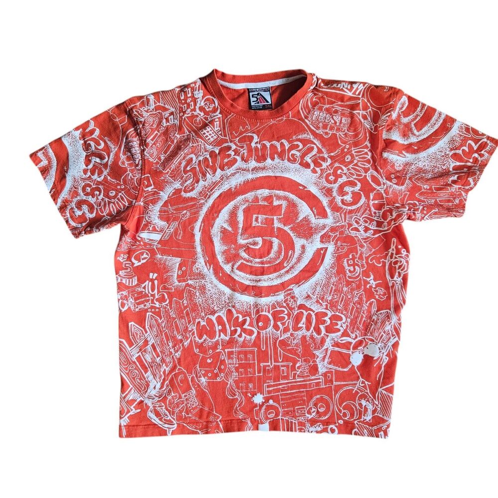 5ive Jungle Hip Hop T Shirt Size 3XL Orange All Over Print Y2K